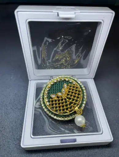 Gold & Green Stone Saree Pin with Pearl Drop
