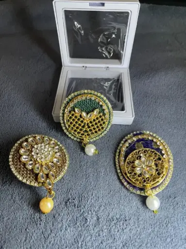 Gold & Green Stone Saree Pin with Pearl Drop (set of 3)